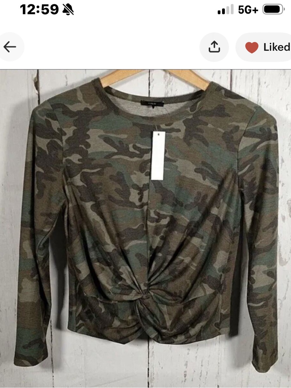 Anthropologie Drew Camo Long Sleeve Front Knot Top Olive Green  Sz Large